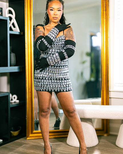 Diamond Dominance Crystal-Embellished Mini Dress & Glove Set